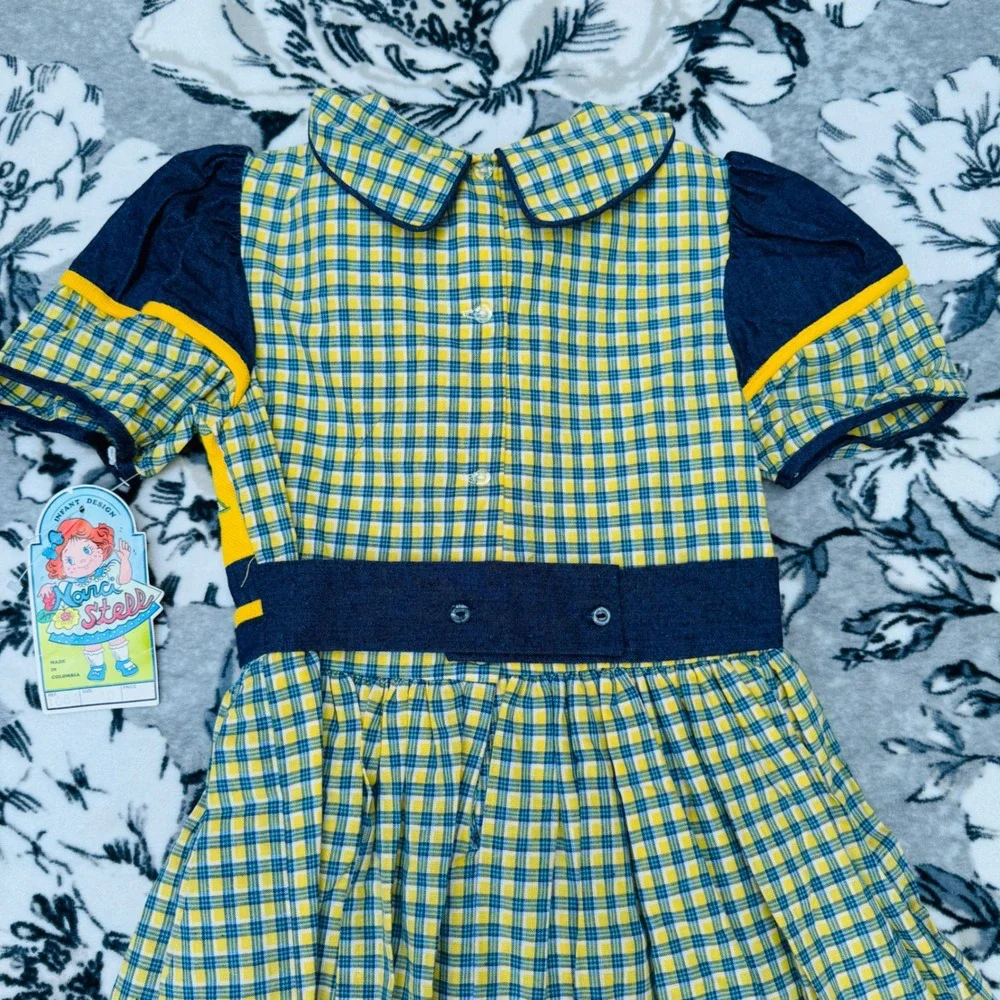 Vintage Narci Stell Dress Kids Size 10 Yellow Blue Plaid New With Tags Folk Lace